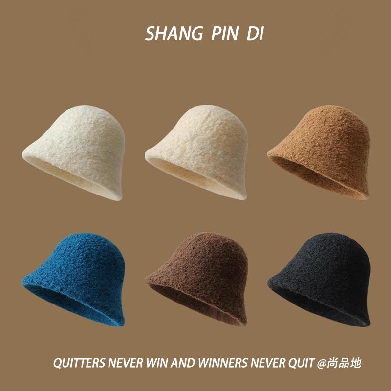 羊羔毛水桶帽显脸小高级感台灯帽女生纯色盆帽冬季素颜遮脸渔夫帽