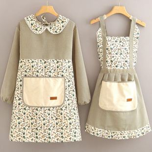 罩衣家用透气帆布围腰洋气款 做饭围裙纯棉可擦手防水防油长袖 有袖