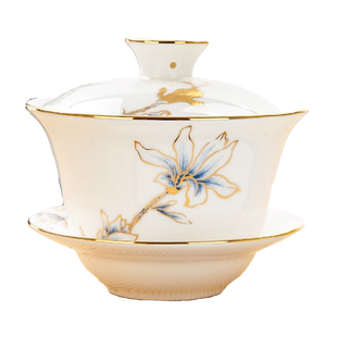 金岚玉骨瓷三才盖碗茶杯功夫茶具金玉兰花茶碗敬茶杯小三才盖碗