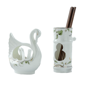 金岚玉唐山骨瓷筷子筒刀叉筷子笼陶瓷器小勺俏天鹅餐具收纳笼调羹