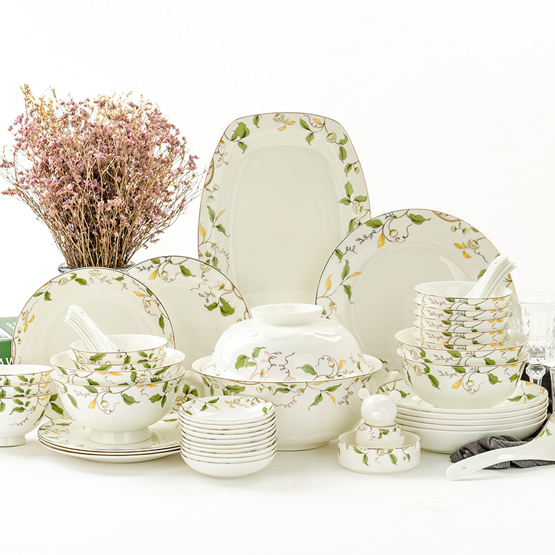 金岚玉唐山骨瓷餐具套装家用香榭丽舍50头碗盘碟清新居家10人餐