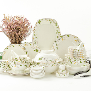 金岚玉唐山骨瓷餐具套装家用香榭丽舍50头碗盘碟清新居家10人餐
