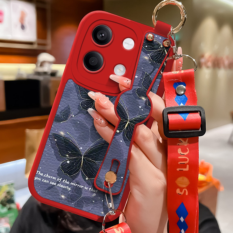 适用红米note13pro手机壳新款腕带小羊皮Redminote12pro极速版保护套12turbo水墨蝴蝶12pro+全包防摔12r女款