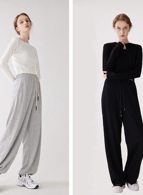 RAU运动卫裤夏季薄款2025新款休闲阔腿香蕉弯刀裤子女黑色灰色