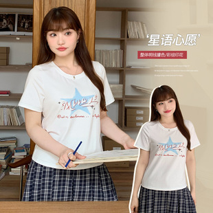 大码胖mm设计感星星印花正肩短袖T恤女夏季休闲显瘦白色上衣63385