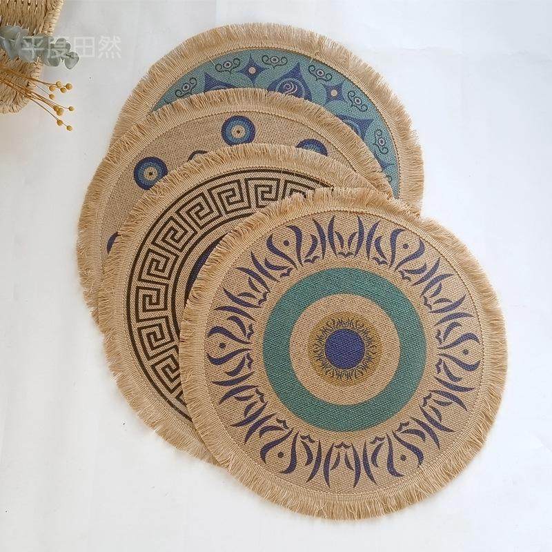 黄麻流苏边餐垫印花隔热垫装饰