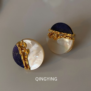 国潮新中式青金石天然白贝母耳钉复古文艺轻奢高级感耳环耳饰银针
