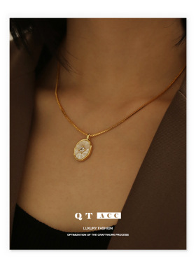 黄铜镀真金天然母贝微镶锆石气质感优质天然白蝶贝吊坠贝壳项链女