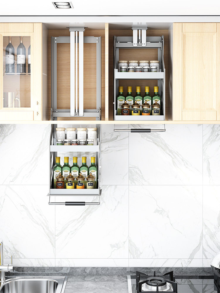 厨房吊柜升降拉篮下拉式高柜橱柜伸缩垂直升降不锈钢调料调料拉篮