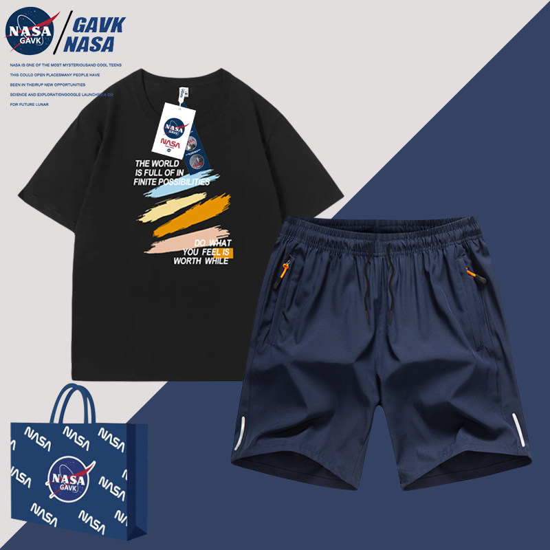 NASA GAVK联名款新品2023纯棉短袖t恤男女潮牌套装情侣装提花短裤
