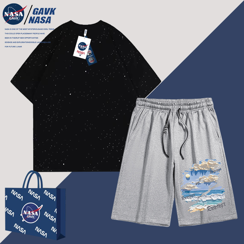 NASA GAVK夏季新品套装男男女同款百搭潮牌2024纯棉T恤印花短裤