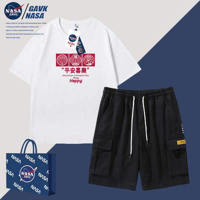 NASA GVKA春夏季纯棉套装男印花复古T恤工装短裤一整套多口袋女