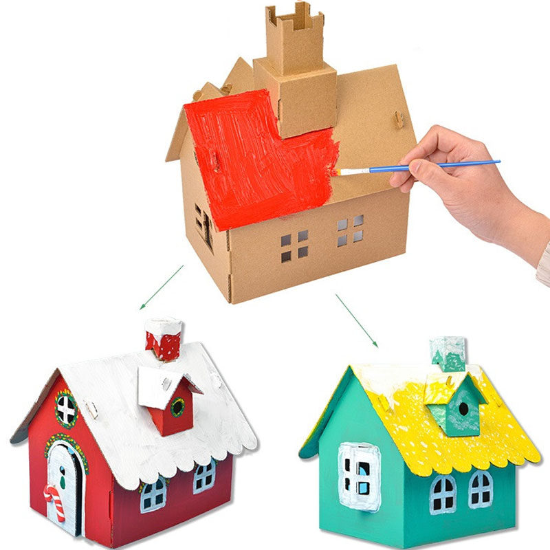 儿童手工房子diy纸盒创意纸板小屋制作材料包幼儿园拼装作业玩具