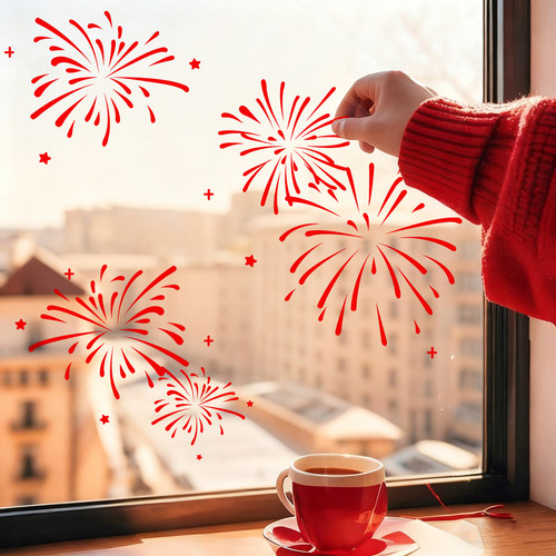 2026新年装饰窗花烟花静电贴纸