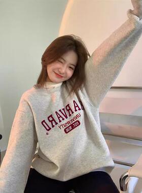 灰色无帽圆领加绒卫衣女宽松中长款秋冬韩版加厚bf慵懒风长袖上衣