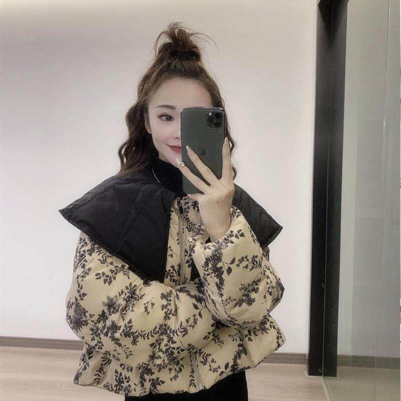 娃娃领拼接棉衣外套女秋冬款洋气高级感棉服独特超好看新款花棉袄