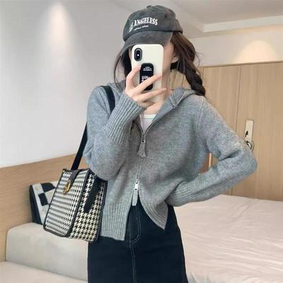 纯欲风灰色长袖针织开衫女秋季2025新款双头拉链修身显瘦短款上衣