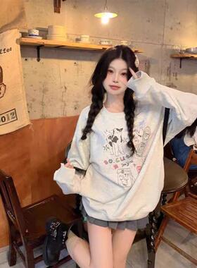 美式复古灰色圆领无帽卫衣女春秋2025新款卡通印花宽松休闲上衣潮
