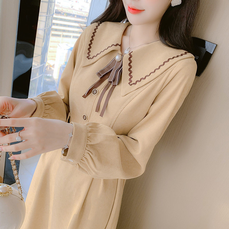 新款小清新长袖法式连衣裙裙子网红性感欧美腰带POLO领胖妹妹