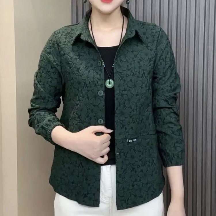 中老年人春秋翻领提花短外套大码小个子妈妈装单层上衣