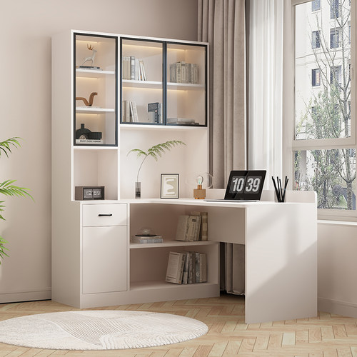 实木转角书桌书架一体家用台式电脑桌卧室简约学生学习写字桌书柜