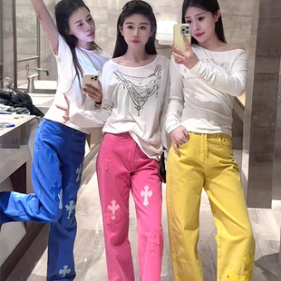 多巴胺梵文十字架拼皮直筒牛仔裤女设计感重工休闲阔腿裤长裤子