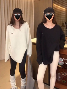 温婉同款贴标U领加绒加厚保暖长袖T恤女宽松显瘦弧形打底衫上衣潮