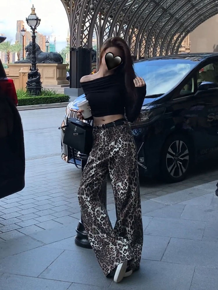 豹纹牛仔裤女温婉同款