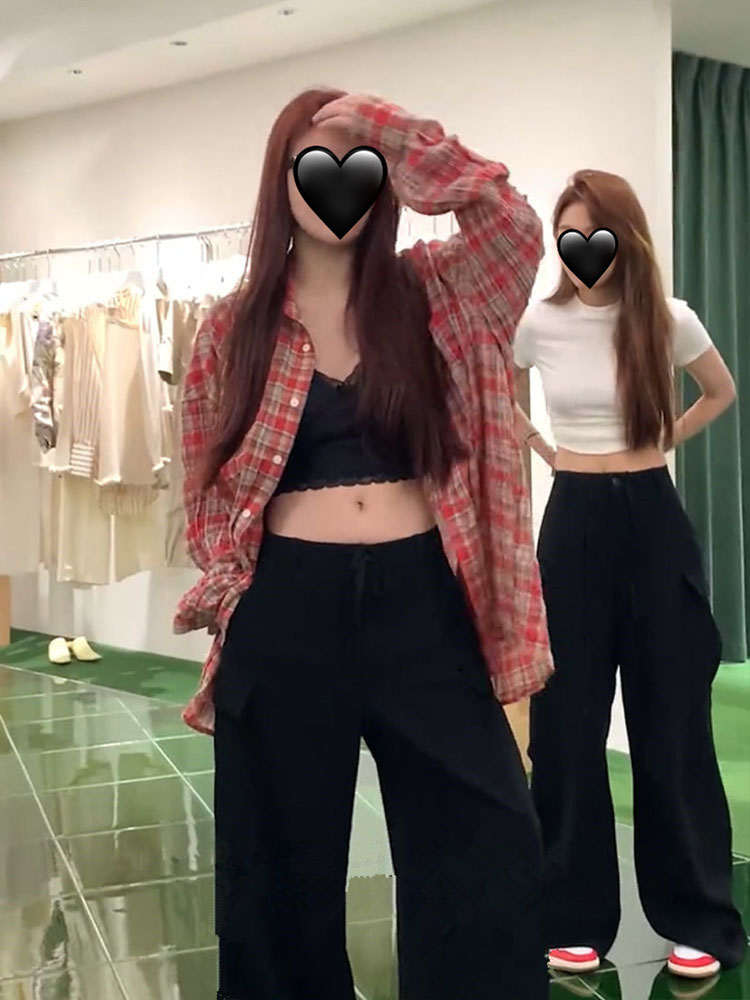 红格子褶皱衬衫温婉男女同款