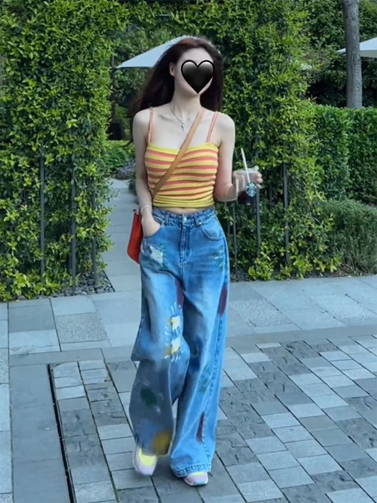 破洞牛仔裤女彩色喷漆温婉同款