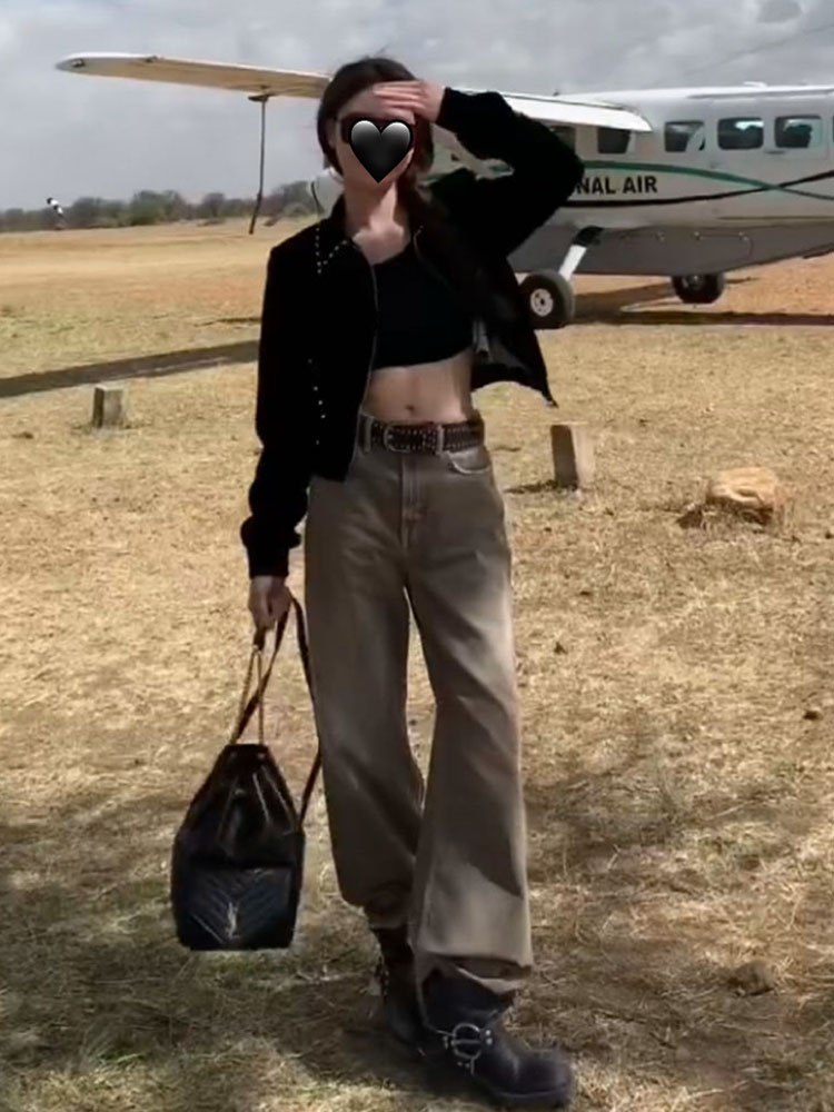 做旧高腰直筒牛仔裤女温婉同款