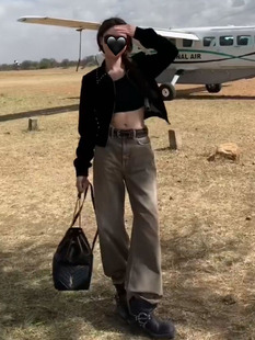 温婉同款脏染做旧水洗高腰直筒牛仔裤女设计感宽松显瘦拖地长裤子