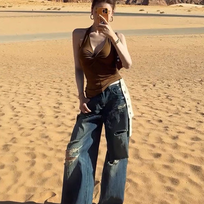 温婉同款挂脖纽结V领背心吊带女