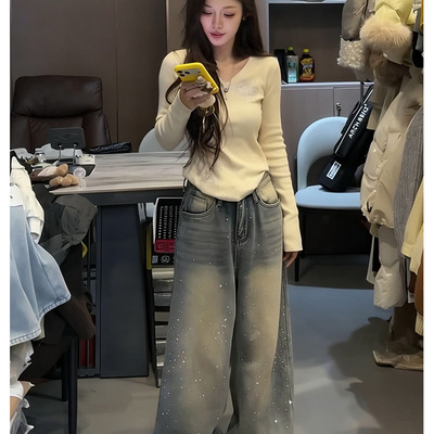 满天星烫钻加厚加绒直筒牛仔裤女