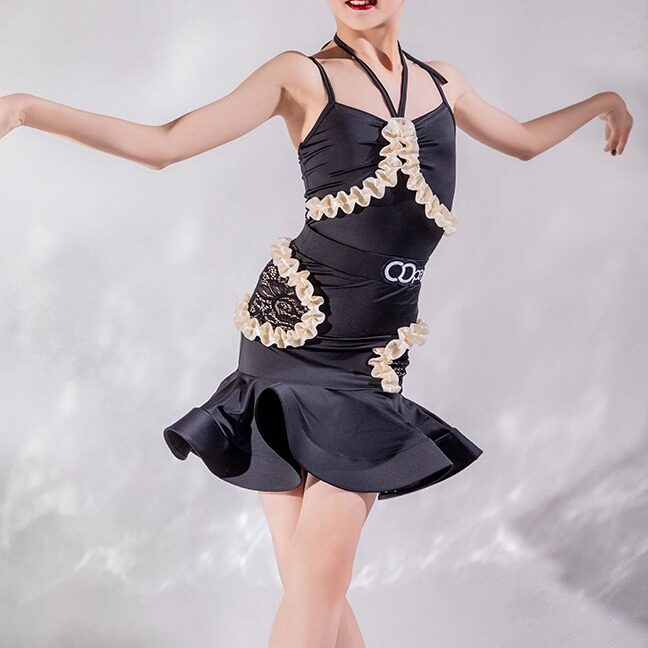 oope舞配同款拉丁舞服女童黑色吊带花边少儿拉丁舞练功服新款套装