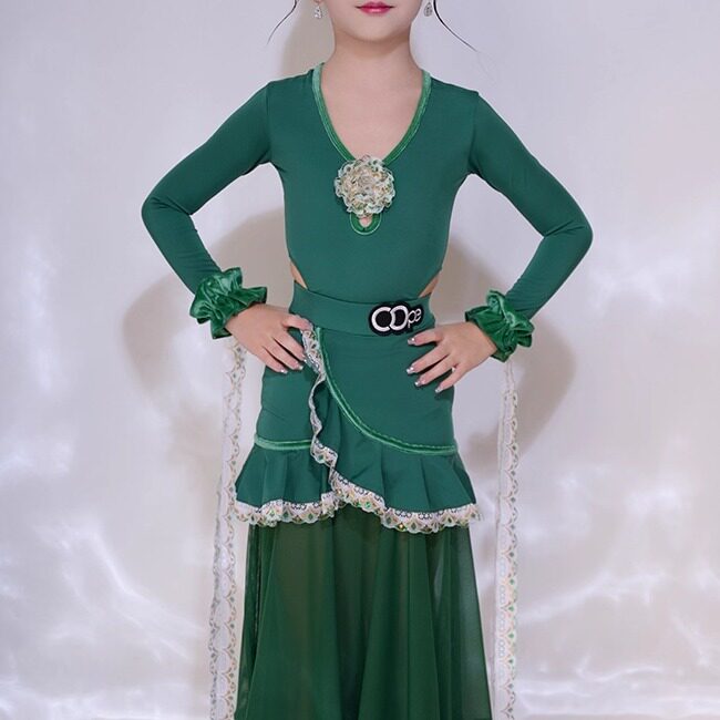 oope舞配舞服拉丁舞服新款新中式绿色摩登裙少儿拉丁舞服练功服女