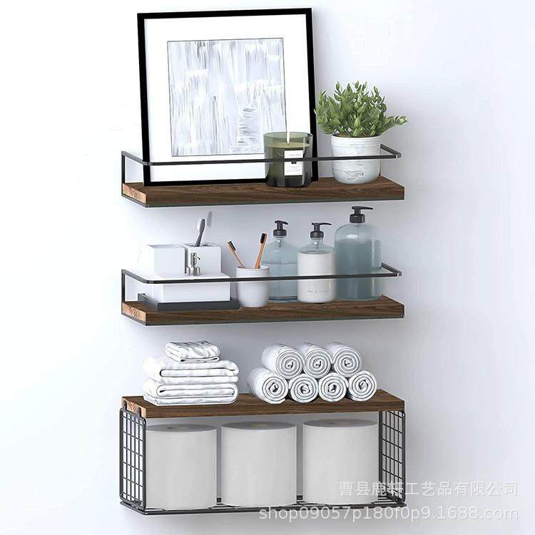 铁木结合壁挂式悬浮架浴室墙上多层浮动隔板架木质马桶带纸储物篮,收纳整理,书桌收纳置物架,淘宝优惠券,粉丝福利购,淘宝优惠卷