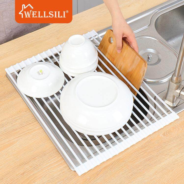 厨房置物架硅胶滤水架折叠沥水架不锈钢卷帘厨房置物架水槽碗筷架