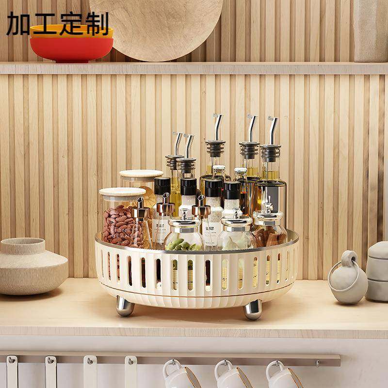 厨房调味品置物架轻奢桌面化妆品旋转托盘大容量镂空镀金收纳架