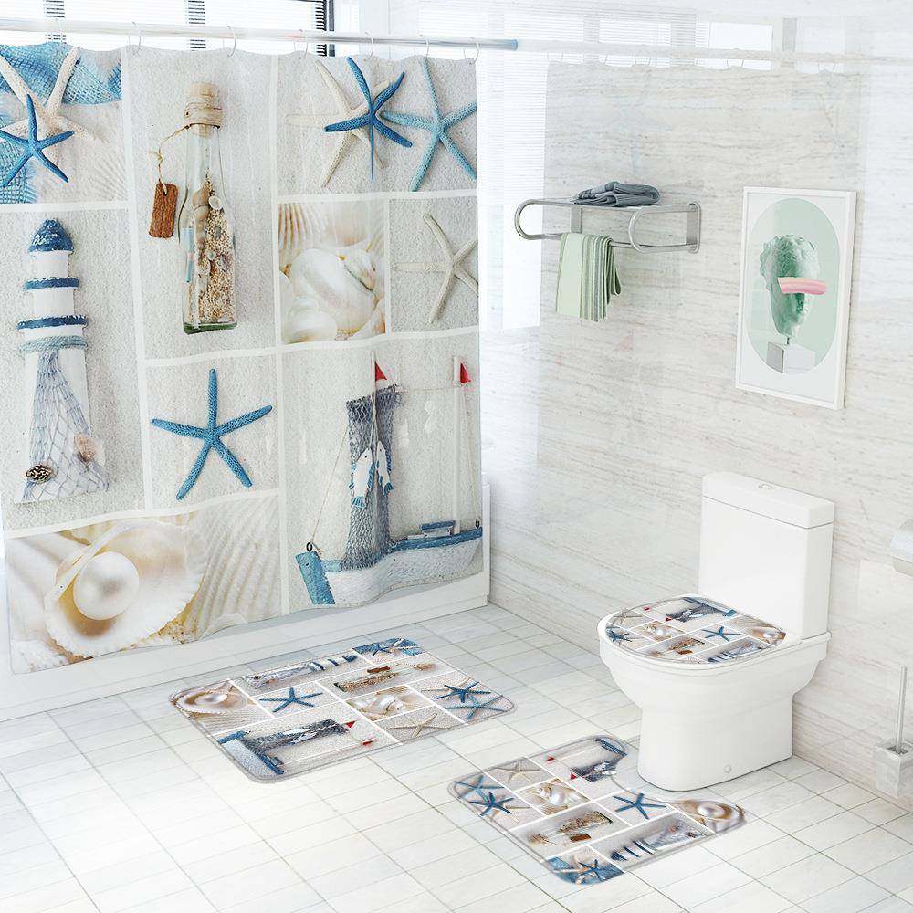 新款海星海洋海豚印花地毯地垫 吸水浴室防滑地垫浴帘四件套