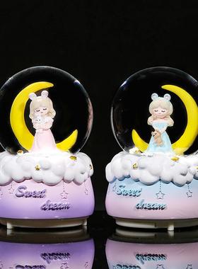 少女心月亮女孩发光水晶球旋转八音盒情人节礼物学生桌面摆件