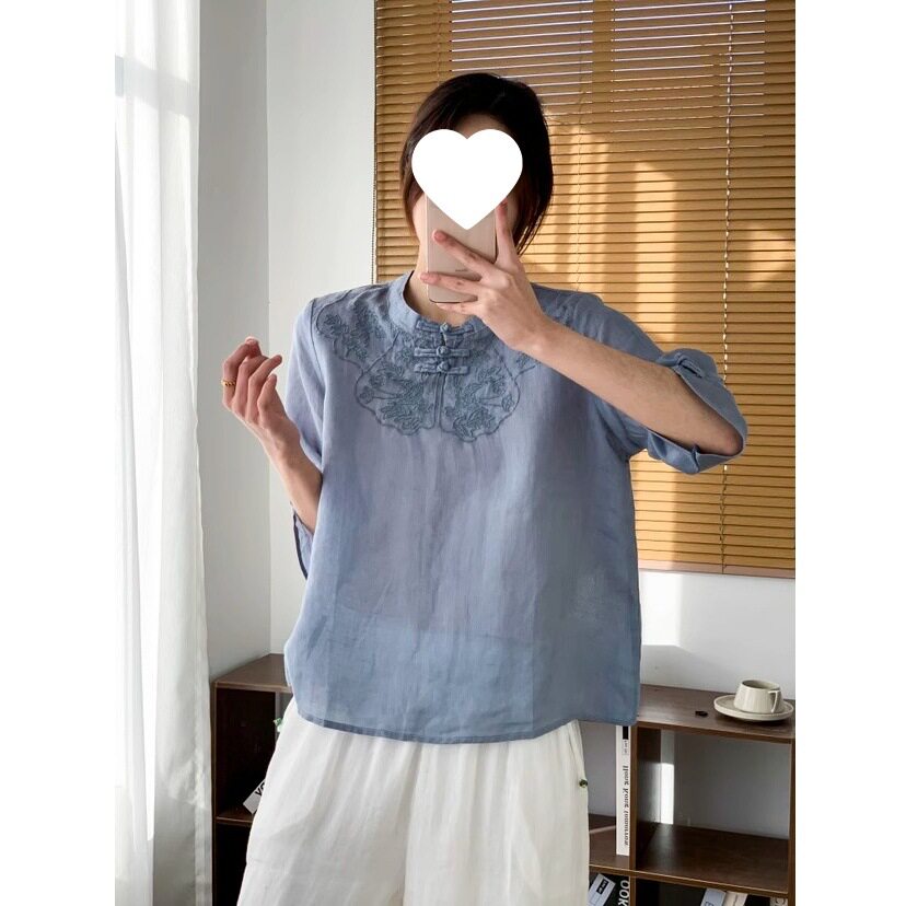 东南亚春秋季大码宽松重工刺绣棉麻圆领七分袖套头设计感衬衫上衣