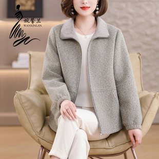 中年妈妈翻领拉链外套女中老年短款保暖时尚洋气秋冬加厚休闲上衣