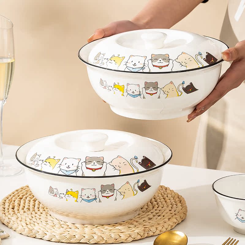 可爱陶瓷家用大容量汤盆带盖