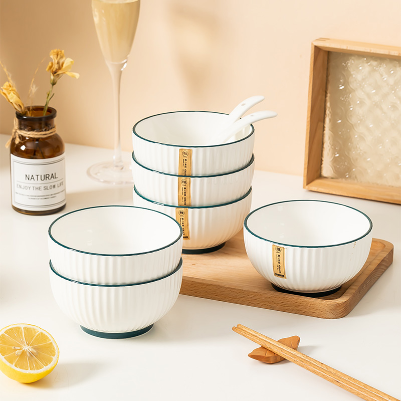 绿色竖纹创意家用陶瓷米饭碗