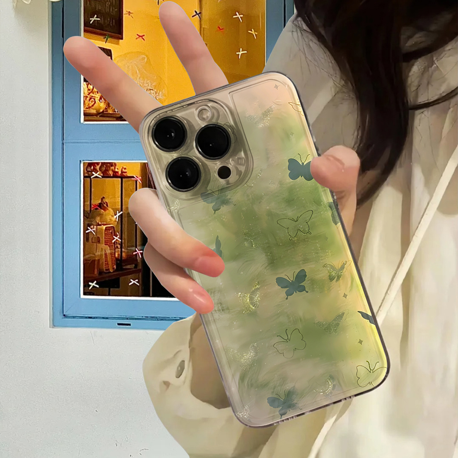 适用于OPPOreno13手机壳12全包防摔10网红女生新款11简约真我v60透明13pro太空壳可爱neo6se晕染绿蝴蝶超薄11