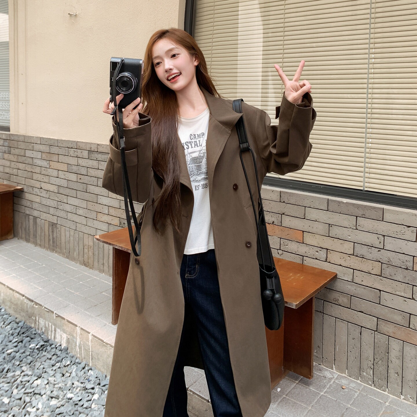新款外套深咖色英伦风韩系立领收腰显瘦女大衣