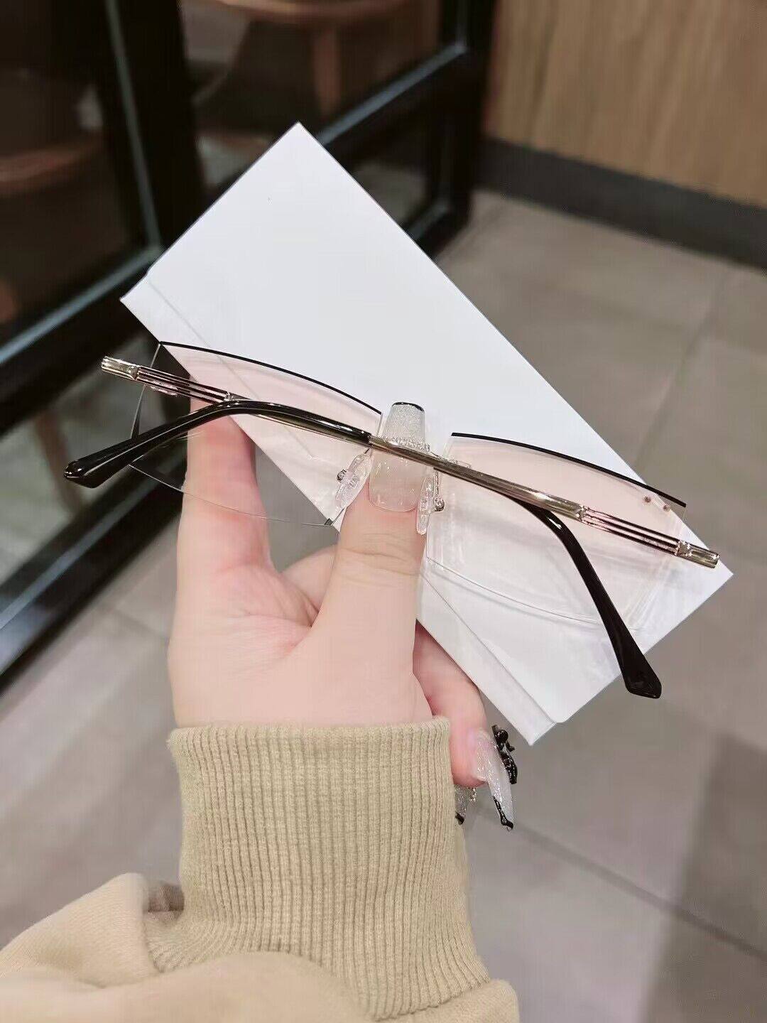 砖石切边无框黑边眼镜近视窄片眼镜框男商务女时尚变色防蓝光眼睛