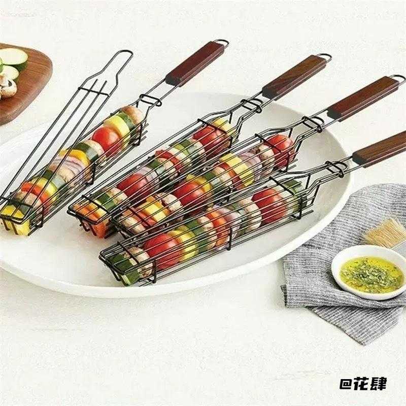 炭火烤肉专用烧烤热狗笼木柄隔热手柄手持夹持果蔬肉串烧烤网架