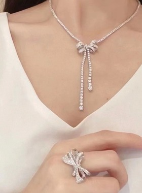 S925纯银 蝴蝶结流苏满钻项链质感优雅高贵时尚个性气质